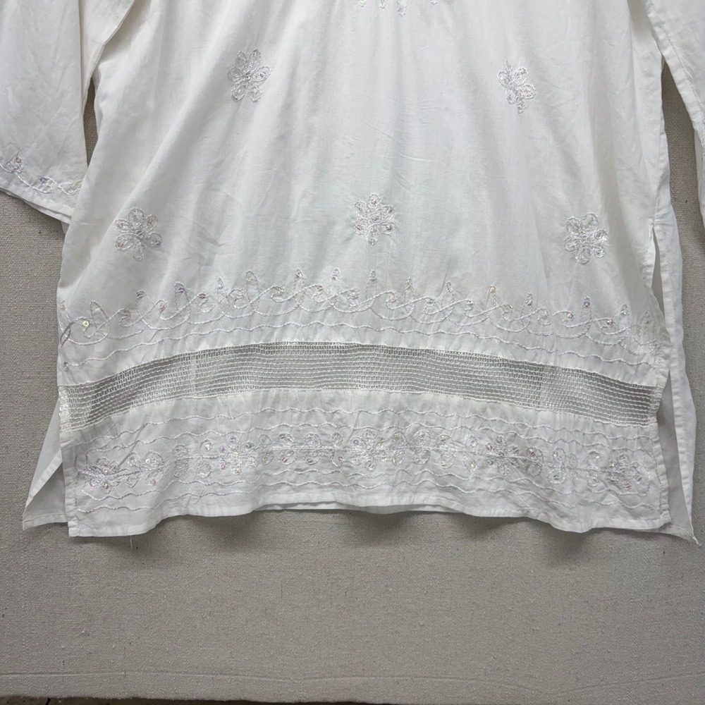 Double Decker White Cotton Embroidered Sequin Tunic Top Plus Size Boho V-Neck - Picture 5 of 14